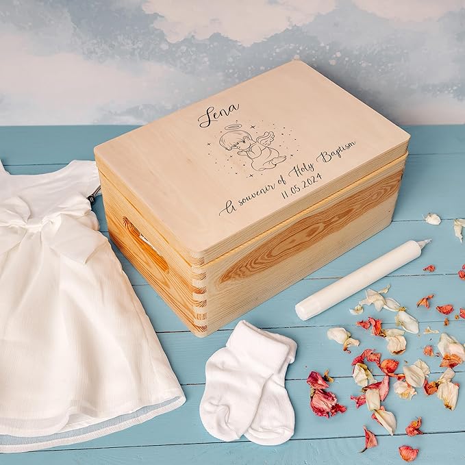 Creative Deco Personalized Wooden Storage Box Baptism Box | 11.8 x 7.87 x 5.51 in (+-0.5) | Candle | Hinged Lid Handles Engraving | Unpainted Gift Box | Rough UNSANDED Keepsake Souvenir Chest