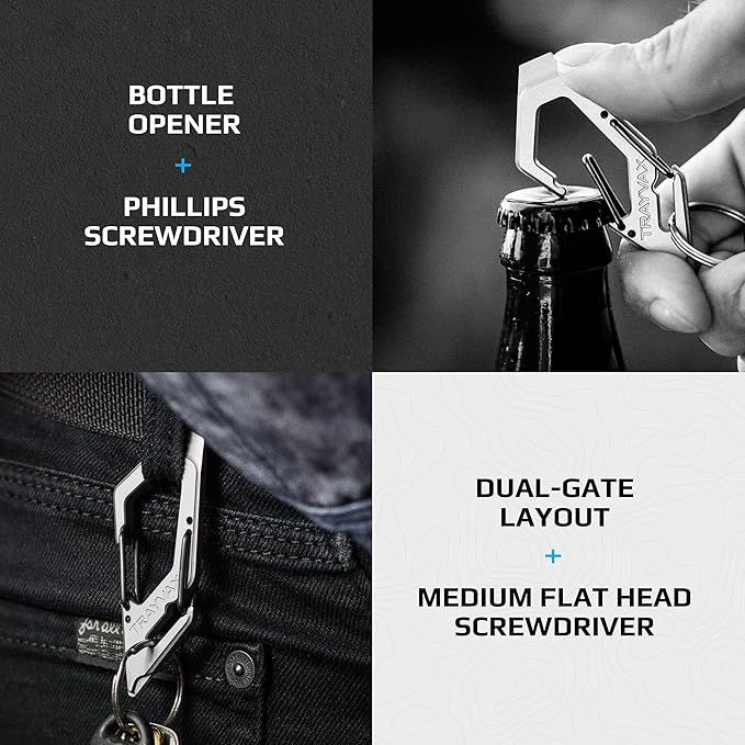 Trayvax Talon Carabiner Clip Multi-Tool 420 Stainless Steel Quick Release Keychain Multitool with Bottle Opener and Screwdrivers Black