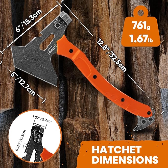 Tactical Axe with G10 Handle Camping Survival Hatchet Multifunctional Outdoor Hiking Heavy Duty Full Tang Tomahawk Tools with Hammer Unique Design Crowbar Leather Sheath (Orange)