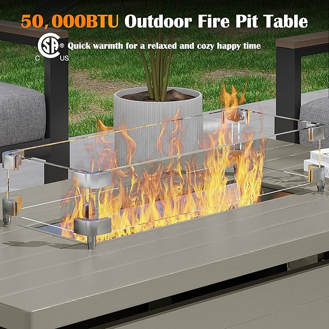 Sundale Outdoor 51 Inch Outdoor Fire Pit Table 50000BTU Rectangle Propane Fire Pit with Sliding Tank Holder Glass Wind Guard Dust Cover Removable Lid CSA Certified Olive Green