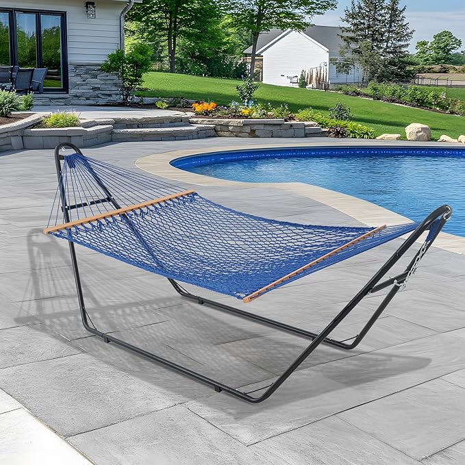 Lazy Daze Hammocks 12FT Double Rope Hammocks 2 Person Hand Woven Cotton Hammock with Spreader Bar for Outside Patio Poolside FIT 13-15 FT Stand Max 450 Lbs Blue 141 x 57 inches