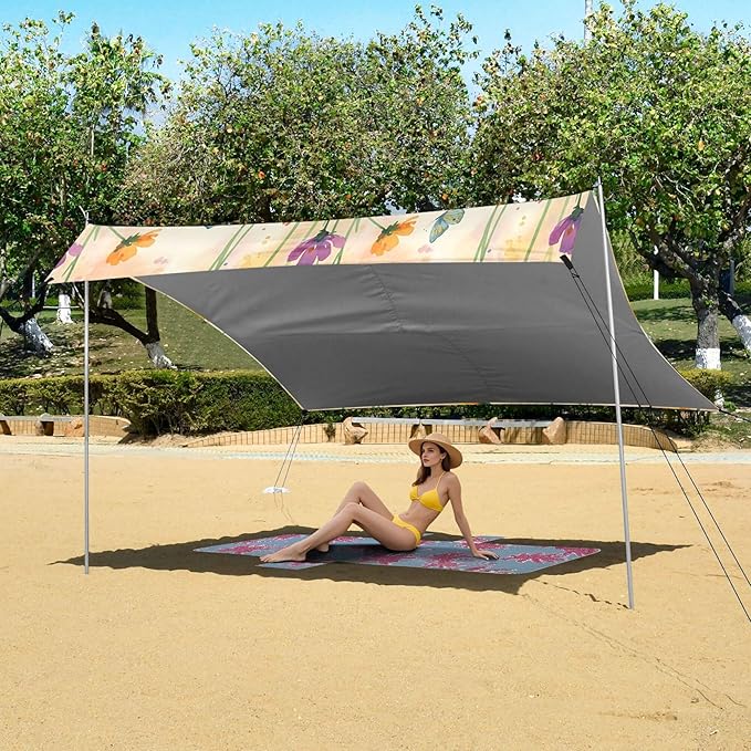 Wildflowers Beach Canopy Sun Shelter with Sandbags &amp Sand Shovel &amp Windproof Ropes - Portable 110x126 Beach Shade Beach Tent for Camping Picnics
