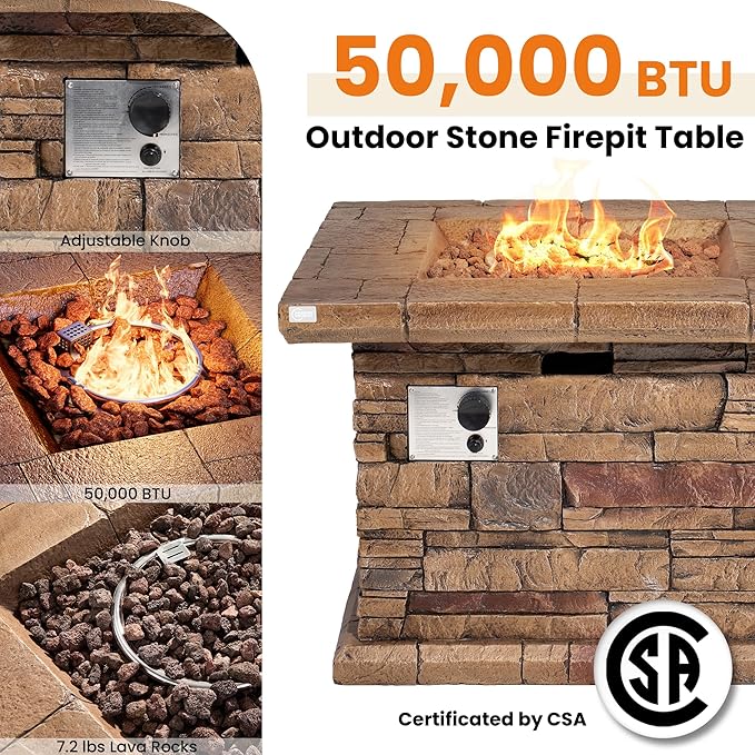 HOMPUS Outdoor Propane Fire Pit Table 32-inch Imitation Stone Square Concrete Propane Fire Pit with Lava Rocks and Rain Cover 50000 BTU Gas Smokeless Fire Pits for Outside PatioGarden CSA Certified