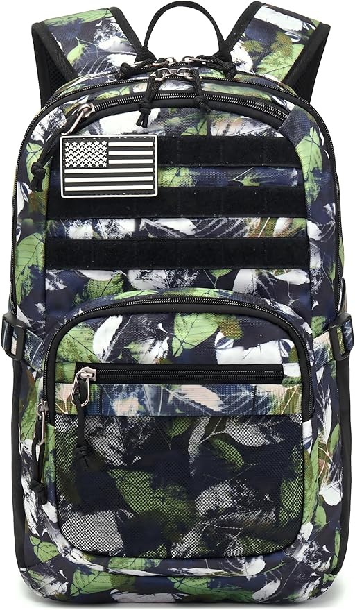 Military Tactical Backpack for Men Army 3 Days Assault Pack Bag with Molle System for Outdoor Adventures (green leaves 30L)