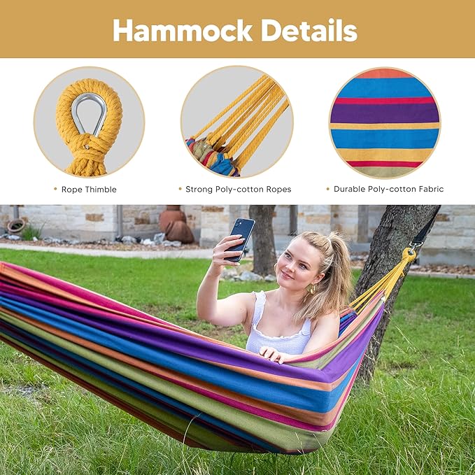 SUNCREAT Portable Large Hammock with Stand Two Person Hammock with Stand Included Rainbow Stripes