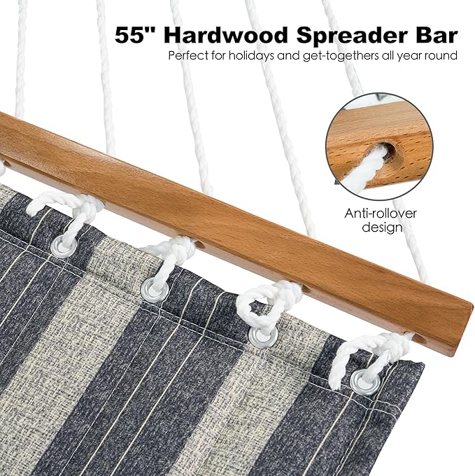 GAFETE Hammock 2 Person Quilted Fabric Hammocks for Outside Double 12ft Hammocks with Spreader Bar Large Removable Pillow Storage Bag Carabiners Max 475 lbs Capacity (Mountain Mist Gray)