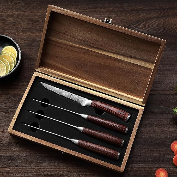 Wakoli EDIB 4-Piece Damascus Steak Knife Set – Professional Dining Kitchen Knives with VG10 Core Blades 67-Layer Damascus Steel &amp Ergonomic Pakkawood Handles – Premium Steak Cutlery in Gift Box