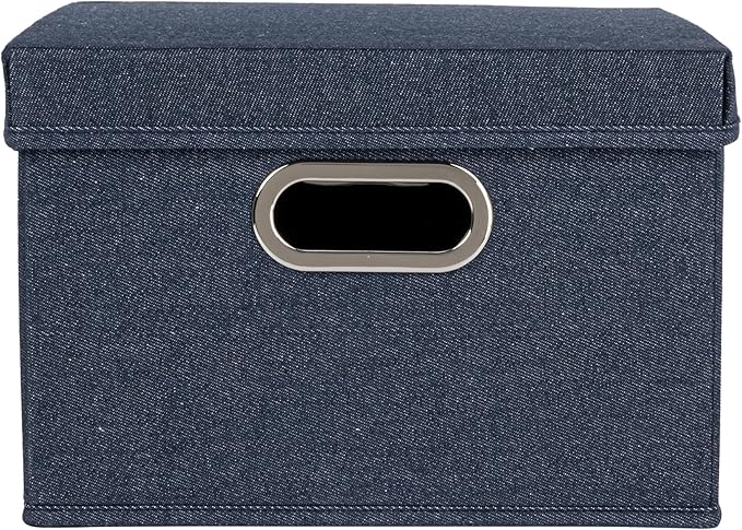 Household Essentials Collapsible Cotton Blend Storage Box with Lid and Metal Grommet Handle Set of 2 Denim