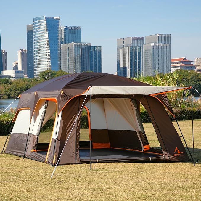 KTT Extra Large Tent 10-12-14 Person(B)Family Cabin Tents2 Rooms3 Doors and 3 Windows with MeshStraight WallWaterproofDouble LayerBig Tent for OutdoorPicnicCampingFamily Gathering