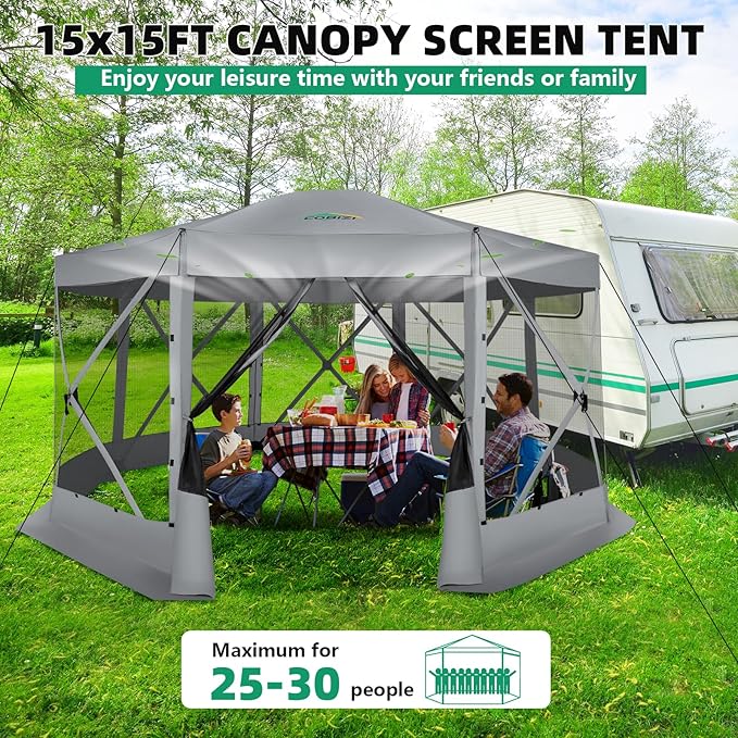 COBIZI Pop Up Gazebo Screen Tent Screen House for Camping 15x15 Screen Room with Mosquito Netting Hub Tent Instant Screened Canopy with Carrying Bag and Ground Stakes Gray
