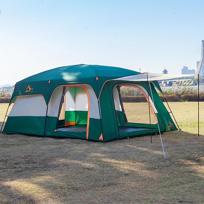 KTT Extra Large Tent 6-10-12-14 Person(A)Family Cabin Tents2 Rooms3 Doors and 3 Windows with MeshStraight WallWaterproofDouble LayerBig Tent for OutdoorPicnicCampingFamily Gathering