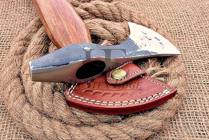 HUNTEX Custom Exposed Hand-Forged Marked 1095 High Carbon Steel 14 Inch Long Walnut Wood Handle Full Tang Razor Sharp Hunting Camping Outdoor Four Lugged Chopping Axe with Genuine Leather Sheath