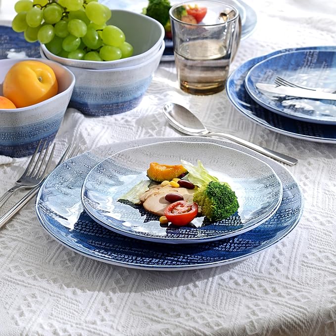 12PCS Melamine Dishes Set Blue Plates and Bowls Sets for Outdoor Camping EssentialsLightweight and Durable Just Stack them directly in the Backpack