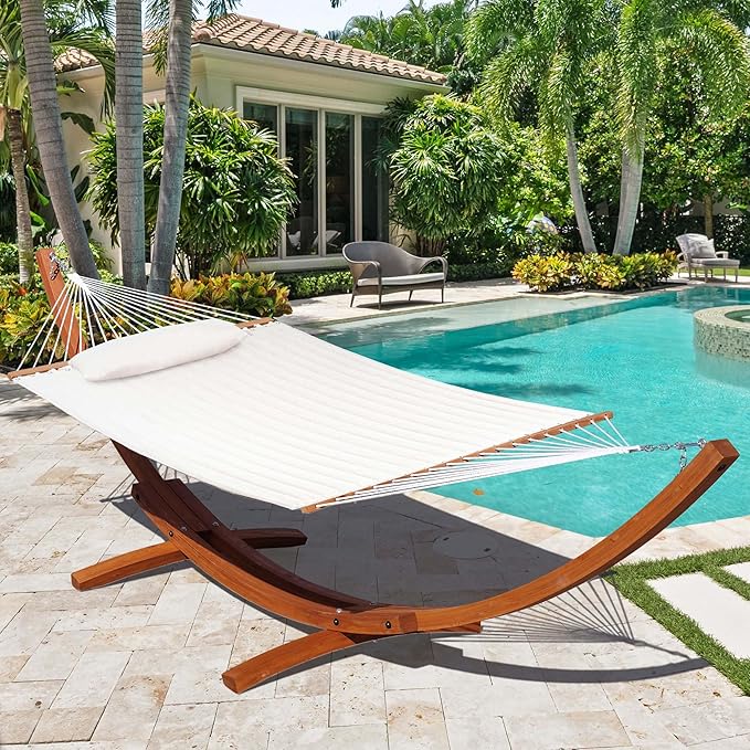 Lazy Daze Hammocks 12 FT Sunbrella Fabric Quilted Hammock Double Sunbrella Quilted Hammock with Spreader Bars &amp Pillow All Weather and Fade Resistant for Outdoor 450 lbs Capacity Cast Pumice
