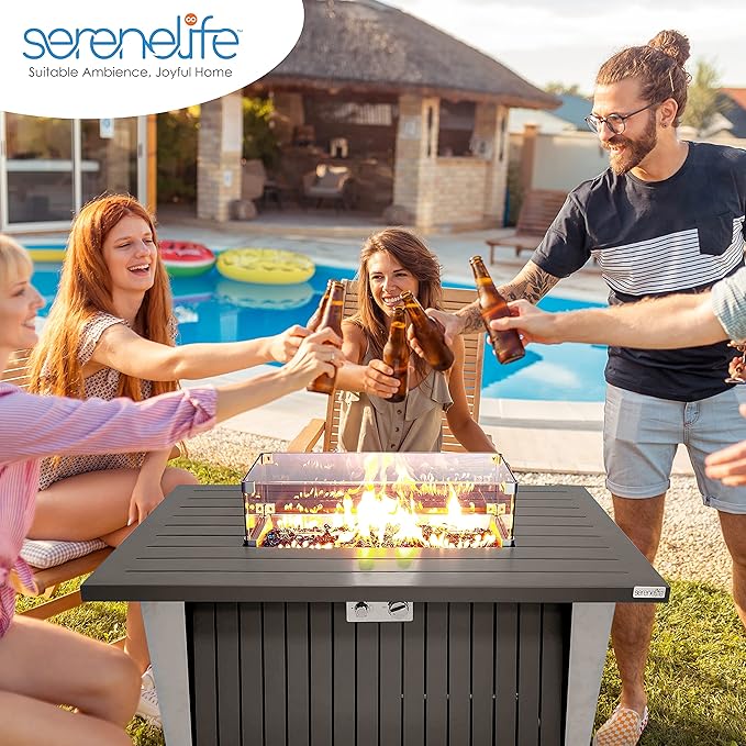 SereneLife 52 Inch Gas Fire Pit Table 50000 BTU Propane Pits for Outside with Steel Lid and Lava Rock 2 in 1 Firepit Table Gatherings Parties on Patio Deck Garden Backyard
