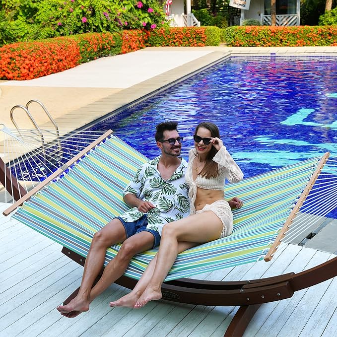 Lazy Daze Hammocks Quick Dry Hammock with Spreader Bar Textliene Fabric Double 2 Person Hammock with Chains Outdoor Patio Poolside Backyard Beach 450 lbs Capacity Blue Green Stripes