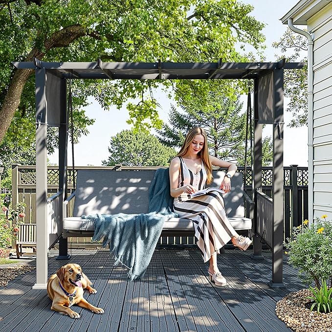 Pamapic 2-in-1 Convertible Porch Swing Bed 3-Seat Elegant Patio Swing with Wicker Armrests Outdoor Chair with Adjustable Canopy for Balcony Garden and Poolside Gray