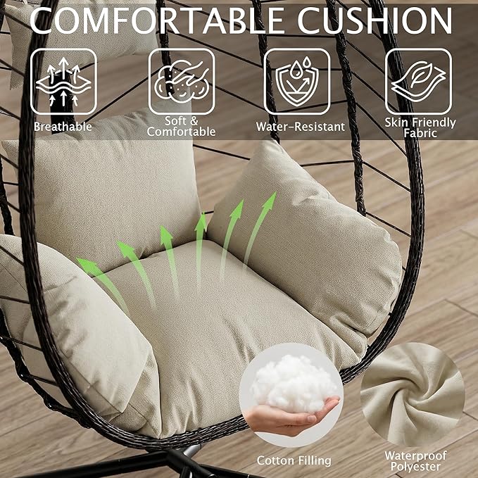 LEX CRAFT Hanging Egg Chair with Stand Swinging Egg Chair Outdoor Indoor Hanging Basket Chair with Cushion Patio Wicker Hammock Chair 350lbs Capacity for Porch Balcony Backyard Garden (Beige1)