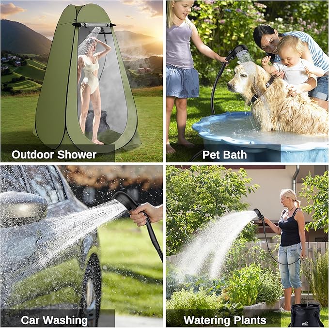 Portable Camping Shower Pop Up Privacy Tent Kit with LED Light and Foldable Toilet 6000mAh LCD Screen Shower Pump 5.3 Gallons Bucket Outdoor Shower for Hiking Travel Car