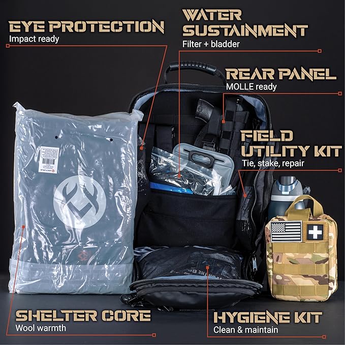 Cargo 72-Hour Survival Kit Loadout Backpack - Complete Bug Out Emergency Kit with Tactical 48L Backpack Water Filtration Power Medical Shelter &amp Fire System - Modular Urban Preparedness System