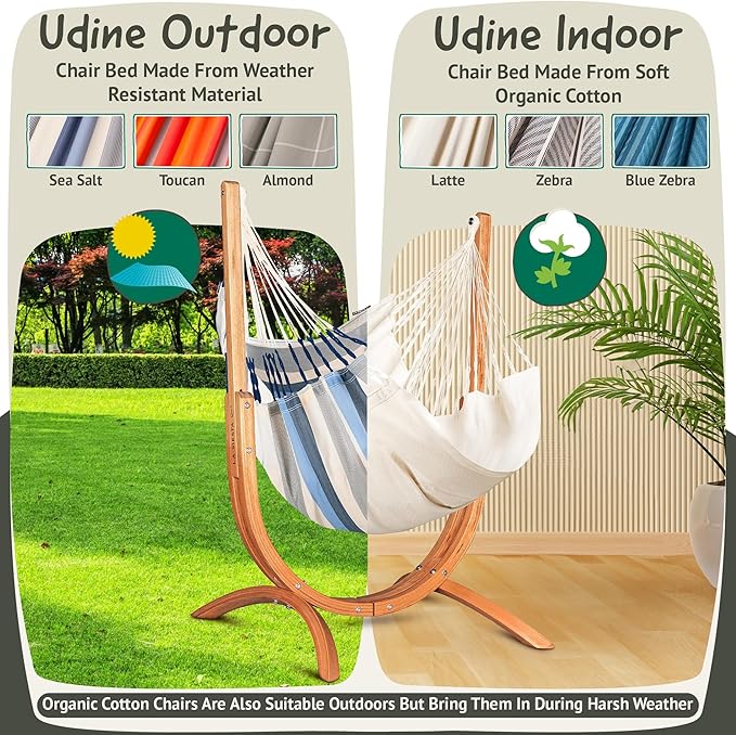 LA SIESTA® - Udine Weather-Resistant Hammock Chair with Wooden Stand - Handmade Tear-Resistant Hammock Chair for Outdoor Relaxation - FSC Certified Eucalyptus Hammock w/Stand for Outside - Sea Salt