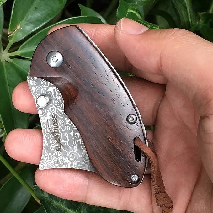 ALBATROSS Premium EDC Mini Damascus Folding Pocket Knife - 2 Blade Genuine Sandalwood Handle Liner Lock Everyday Carry for Camping Hunting Outdoor Adventures Great Gift for Men - HGDK002