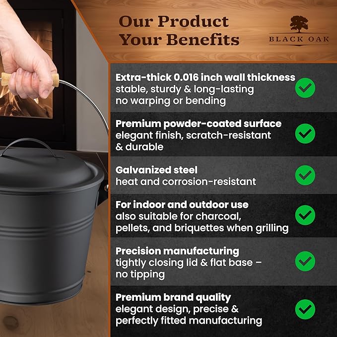 BLACK OAK Ash Bucket Piton 1.5 GAL - Black with lid with Wooden Handle + Brush + Shovel &amp Gloves - 5L Large Steel Fireproof Galvanized &amp Powder-Coated Bucket ash Coal pellets Timeless Design