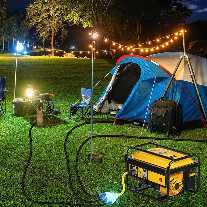 Kanayu 20 Amp to 110 Adapter Outdoor Generator Power Cord 1.5ft 3 Prong Rv Plug Compatible with Nema L5-20p to 3X 5-20r/5-15r 15/20a Outlet Distribution Adapter with Lighted Indicator Etl Listed