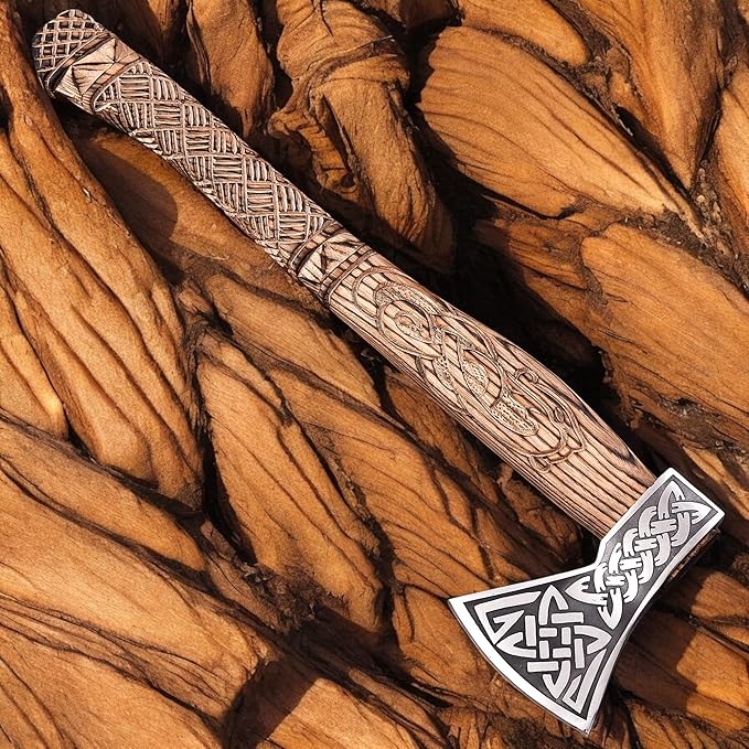Poshland AX-7615 Custom Gift Forged Carbon Steel Viking Axe with Rose Wood Shaft Viking Bearded Camping Axe