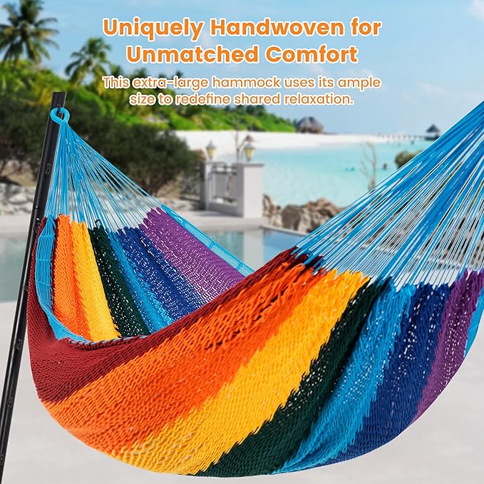Lazy Daze Hammocks Handwoven Mayan Hammock 10.5 FT Soft Rope Double Hammocks Portable Outdoor Hammock with Carry Bag 2 Straps &amp Carabiners for Patio Outside 550 lbs Weight Capacity Rainbow
