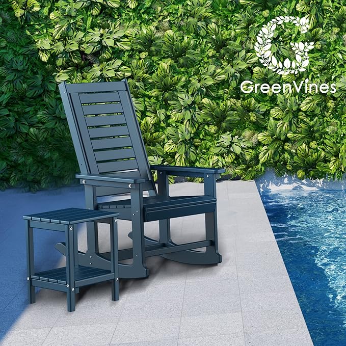 GREENVINES Outdoor Rocking Chairs | Set of 2 | Porch Rocker | HDPE Plastic | Blue | Oversized Rockers | High Back | Big &amp Tall | Ladder Back | for Patio Outside Backyard Balcony Garden