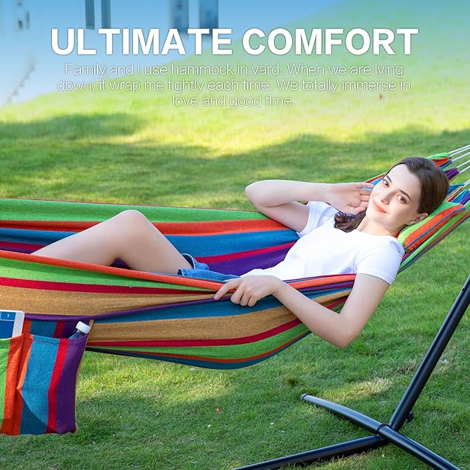 PNAEUT Double Hammocks with Stand for Outside Portable Space Saving Heavy-Duty Steel Stand for Indoor Outdoor Patio 450 lbs Capacity (Tropical)