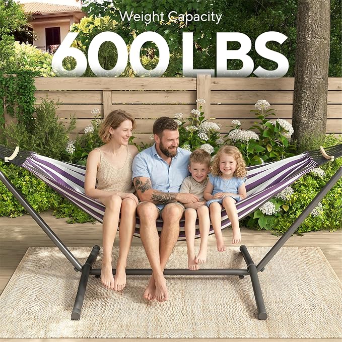 600lbs Hammock with Stand for Outside 2 Person Portable Hammock with Side Storage Carrying Bag Expend Wooden Bar for Outdoor or Indoor (Purple Black)