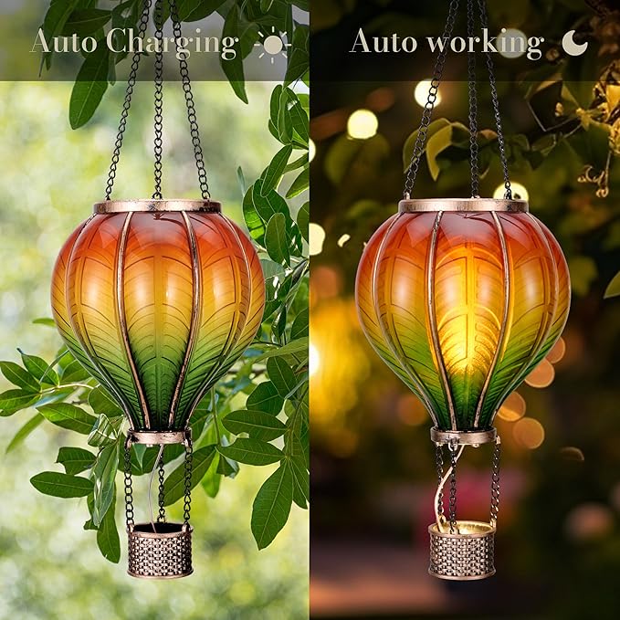 TERESA'S COLLECTIONS 2 Pack Hanging Solar Lantern Outdoor Garden Decor for Valentine Waterproof Plastic Hot Air Balloon Orange Flickering Flame Effect Lantern for Yard TreeGift for Mom18