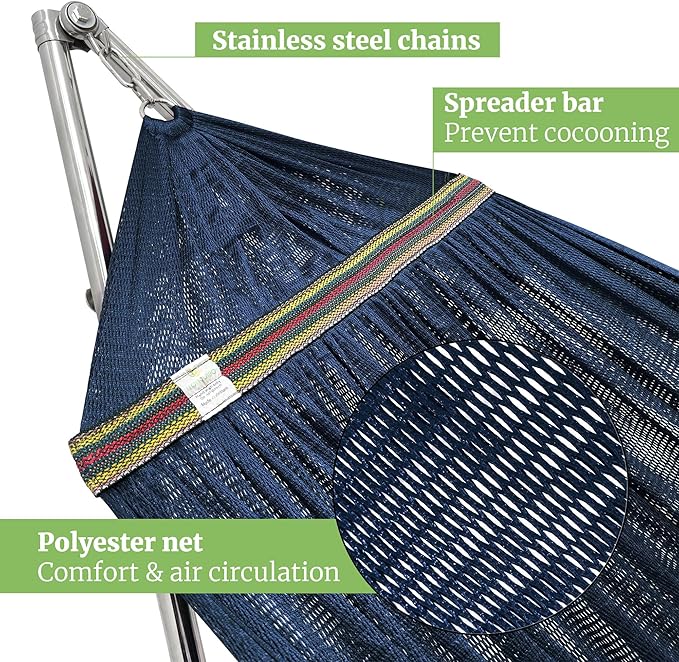 Tranquillo Double Hammock with Stand 650lb Capacity Double Hammock with Spreader Bar Solid Grade 201 Stainless Steel 30s Set Up Sturdy Flexible Hammock Stand Portable Outdoor Indoor Aegean