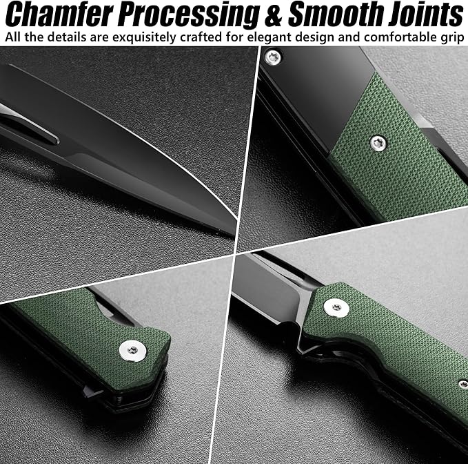FLISSA Folding Pocket Knife Set SANDVIK 14C28N Steel Blade Knife Olive Wood-Steel Handle and Micarta-Steel Handle Pocket Clip and Thumb Hole for EDC Camping Hiking Outdoor
