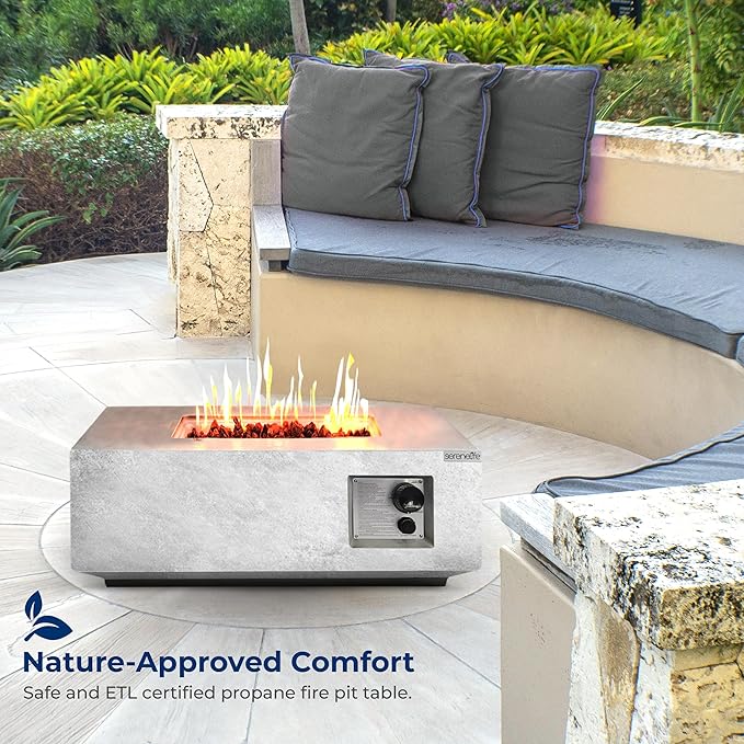 SereneLife Propane Gas Fire Pit Table 40000 BTU Square Outdoor Firepit with Protective Cover Durable Metal Construction and Stylish Design for Patio or Backyard
