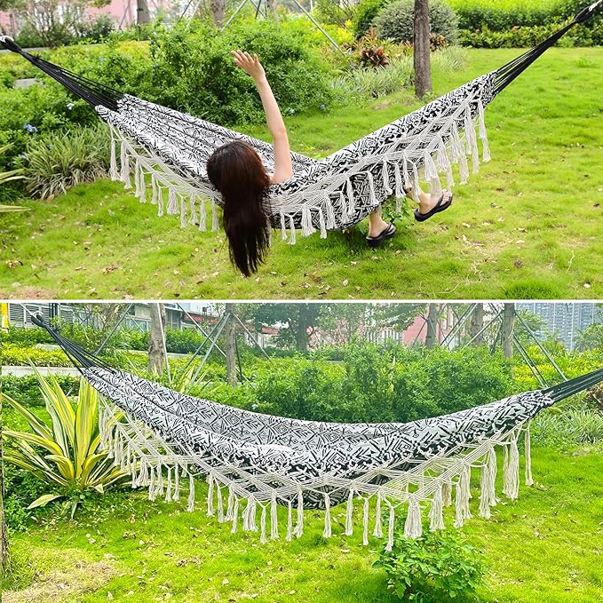 Black with Wirte Bohemian Striped Fringe Double Hammock - Soft Cotton Fabric Outdoor Indoor Hanging Bed with Durable Ropes Space-Saving Design for Garden Patio Backyard Porch Beach Camping