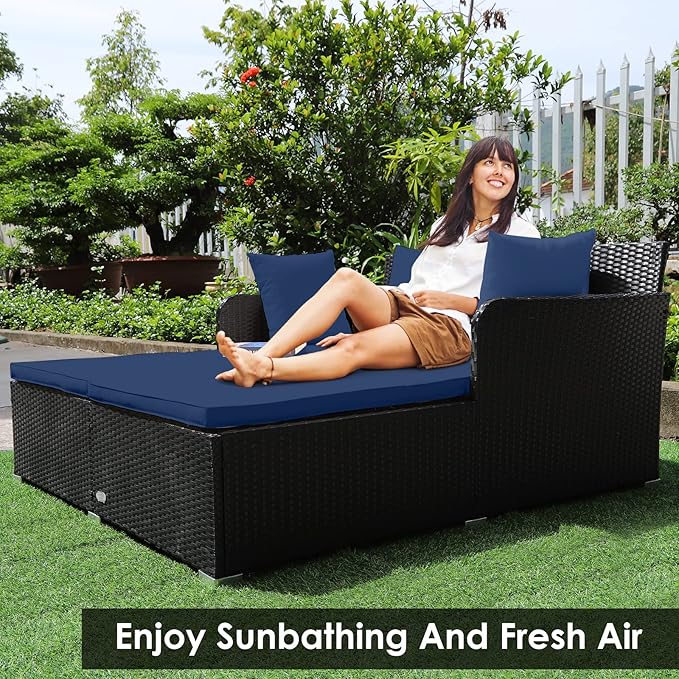 Tangkula Outdoor Rattan Daybed Sunbed Wicker Furniture w/Spacious Seat Upholstered Cushion &amp High-Resilience Sponge Wicker Patio Sofa Set w/Extra Pillows for Courtyard Poolside (Navy)