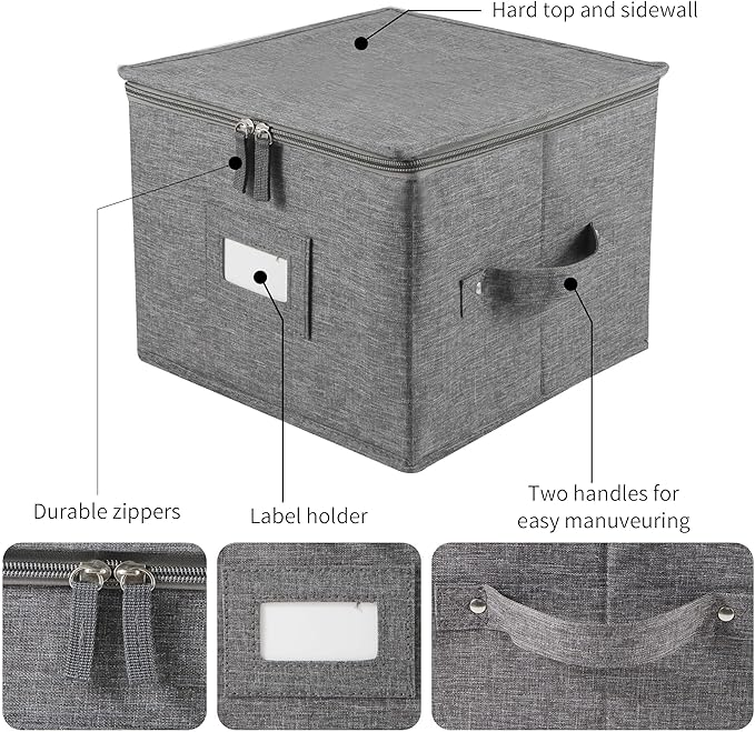 popoly China Storage Containers Hard Shell Inside 10 W x 8 H Salad Plate Storage Containers for Dishes Dinnerware with 24 Felt Dividers Hold 24 Plates Foldable and Stackable (2 Pack Grey)