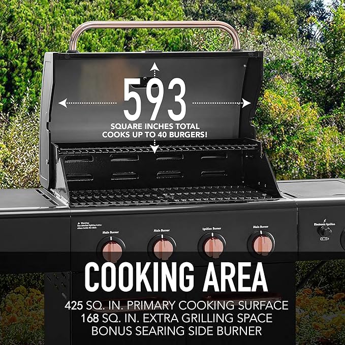 Kenmore 4-Burner BBQ Gas Grill with Searing Side Burner Propane Grill 52000 BTUs Warming Rack Electronic Ignition &amp Cast Iron Cooking Grates Black/Copper