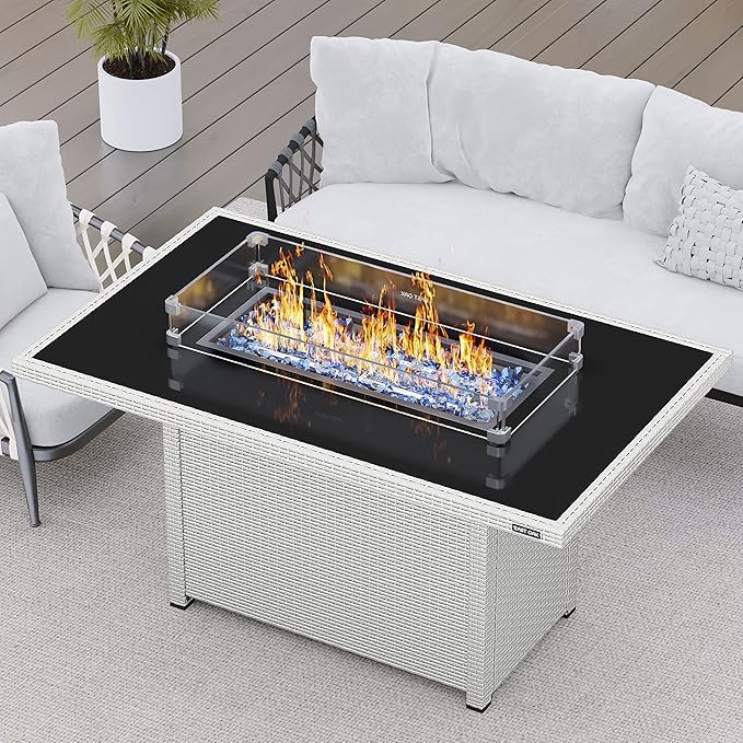 EAST OAK 52'' Propane Fire Pit Table 60000 BTU Gas Firepit w/Large Tempered Glass Tabletop CSA Certified Outdoor Patio Fire Table with Glass Wind Guard Fire Glass and Lid White
