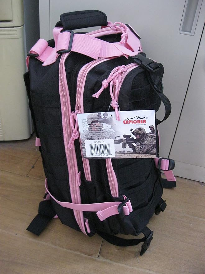 Explorer B3-PinkExplorer Tactical 72 Hours Combat Rucksack 17 Inch Backpack-Black with Pick Stripes Black with Pink Strips 17 X 9 X 11