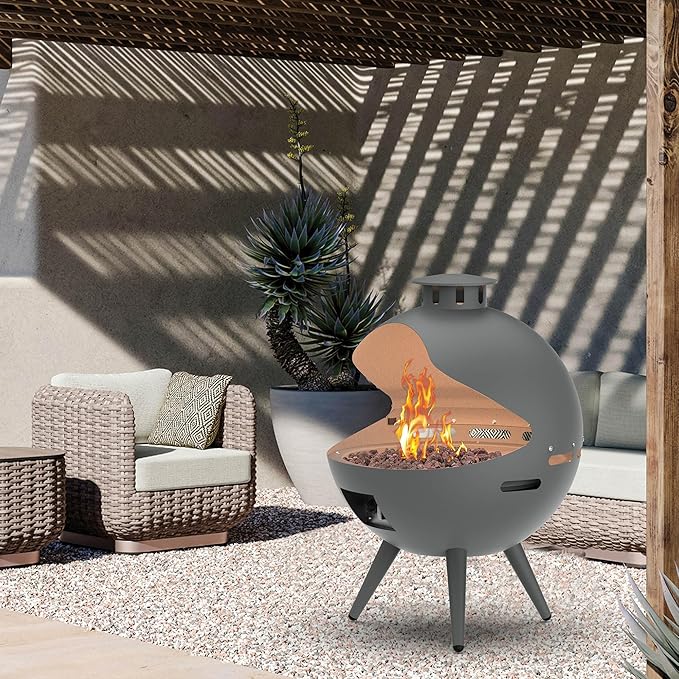 24-Inch Chimenea Outdoor Gas Fireplace 55000 BTU Propane Fire Pit with Lava Rocks and Rain Cover Hemispherical 3-Legged Firepit Gray
