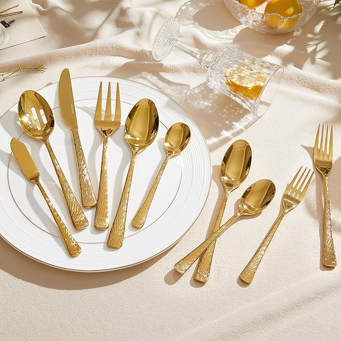 KINGSTONE Gold Hammered Silverware Set Flatware Set with Serving Utensils 18/10 Stainless Steel Premium Cutlery with Unique Ripple Handles Design Mirror Polished - Dishwasher Safe (65-Piece)