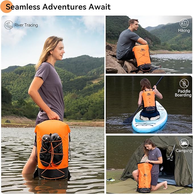 MARCHWAY Floating Roll Top Dry Bag Flexible Lightweight TPU Waterproof Backpack 20L/30L/40L with Padded Straps for Boating Kayaking Swimming Hiking Beach (Orange 40L)