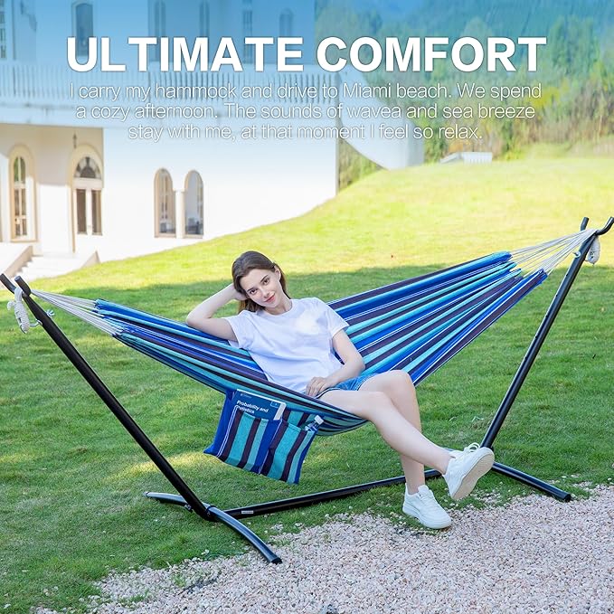 PNAEUT Double Hammocks with Stand for Outside Portable Space Saving Heavy-Duty Steel Stand for Indoor Outdoor Patio with Carrying Bag 450 lbs Capacity (Blue Lagoon)
