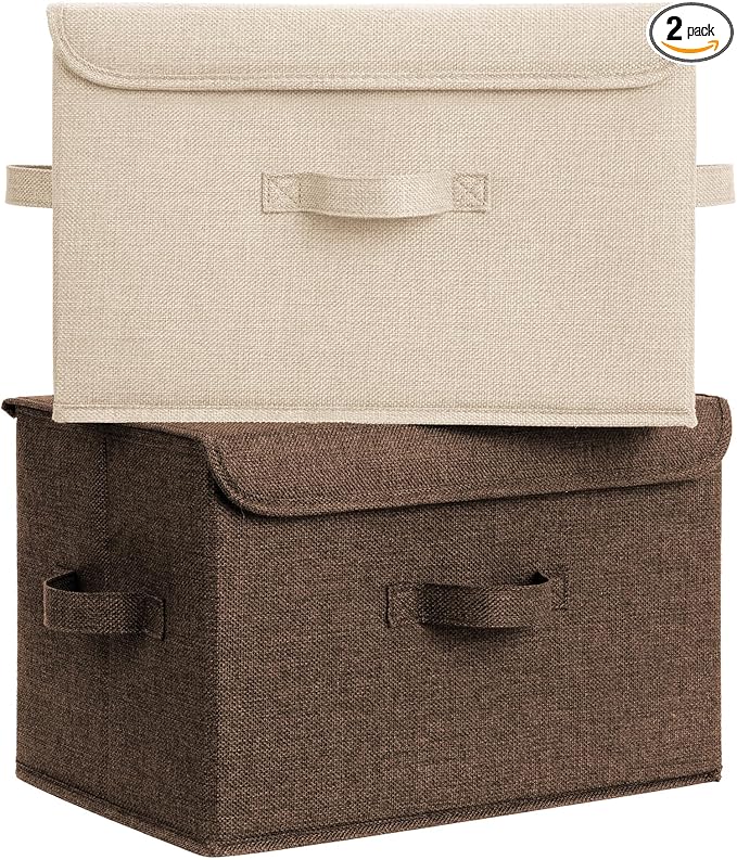 GRANNY SAYS Stoarge Basket with Lid Decorative Storage Boxes Closet Storage Bins for Clothes Collapsible Stackable Organization Khaki&ampBrown 2-Pack