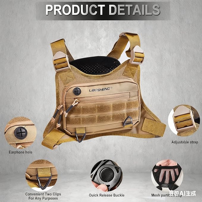 Multipurpose Outdoor Sports Chest Bag Tactical Vests for Men/Women -EDC Travel Chest Pack for Running Hikingcycling (Khaki)