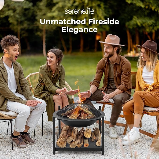 SereneLife Portable Outdoor Fire Pit - 2-in-1 Steel BBQ Grill and 26 Wood Burning Fire Pit Bowl with Mesh Spark Screen Log Grate Fire Poker and Cover for Camping Picnic Bonfires